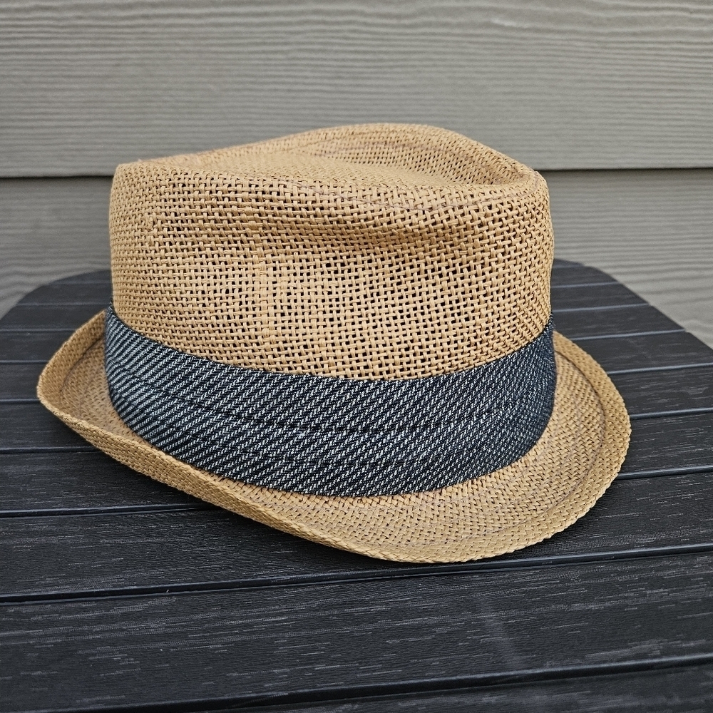 J. Crew Paper Straw Panama Fedora Hat Neutral Chambray Tan Houndstooth Band S/M